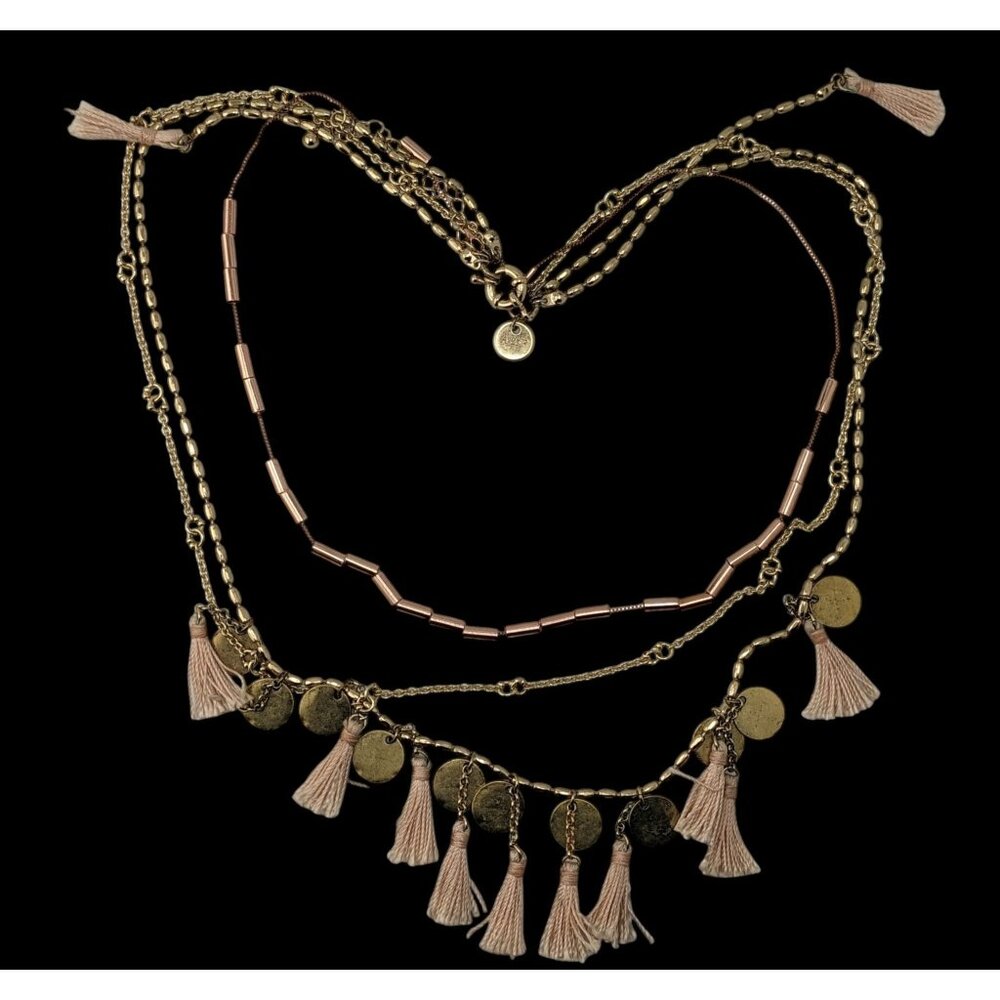 Abercrombie & Fitch Preppy Bohemian Gold-Toned Multi-Layer Necklace With Pink Ta - Picture 3 of 5